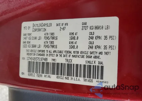 2007 Dodge Dakota Slt from USA, damaged, VIN 1D7HE42K57S187489